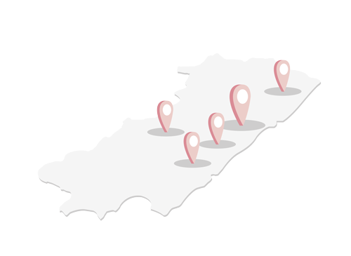 Mapa provincia con las 5 clínicas, Onda, Almassora, Borriana, Castelló, Vinaròs